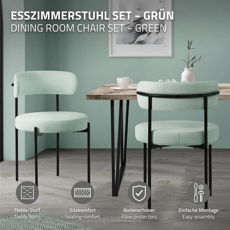 Esszimmerstuhl 2er Set mit Teddystoff mit Rückenlehne Grün Küchenstuhl ML-Design