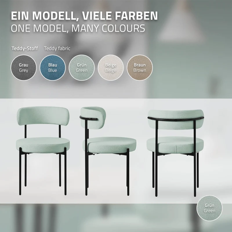 Esszimmerstuhl 2er Set mit Teddystoff mit Rückenlehne Grün Küchenstuhl ML-Design