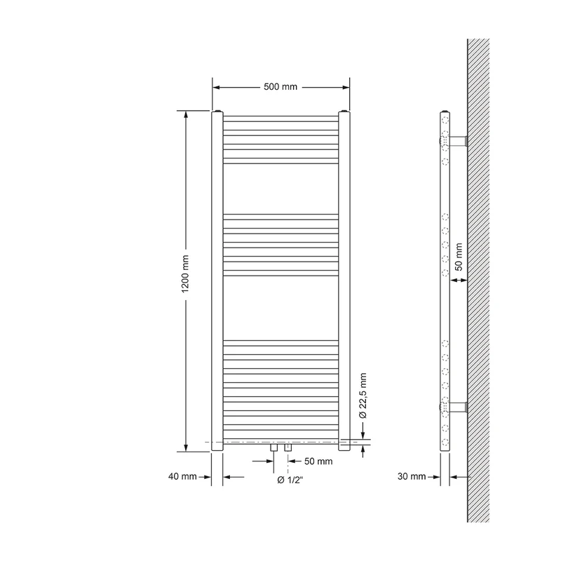 Badheizkörper mit Mittelanschluss 500x1200 mm Schwarz matt gerade mit Boden Anschlussgarnitur LuxeBath