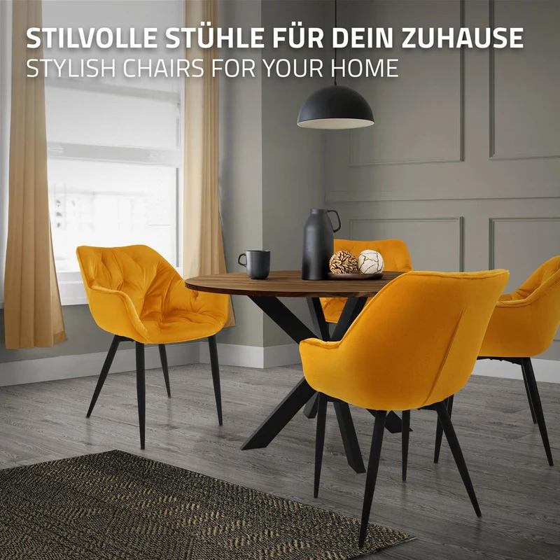 Esszimmerstuhl 6er Set mit Rücken- und Armlehnen Senfgelb Küchenstuhl mit Microfaser-Samtbezug ML-Design