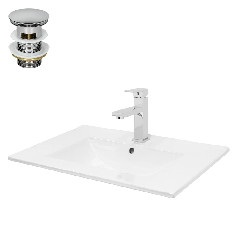 Waschbecken mit Wasserhahn eckig 71x46,5x17,5 cm Weiß aus Keramik inkl. Ablaufgarnitur Silber mit Überlauf LuxeBath
