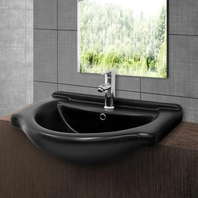 Waschbecken inkl. Ablaufgarnitur Silber mit Überlauf 67,5x51,5x21,5 cm Schwarz matt aus Keramik ML-Design