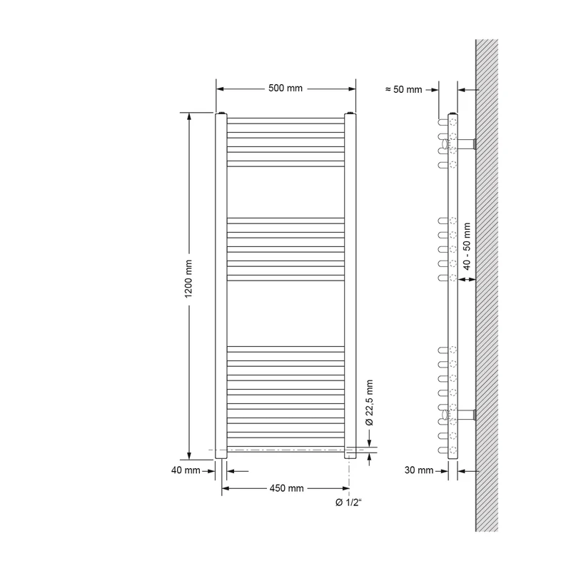 Elektrischer Badheizkörper mit Heizstab 1200W 500x1200 mm Chrome gebogen mit Seitenanschluss LuxeBath