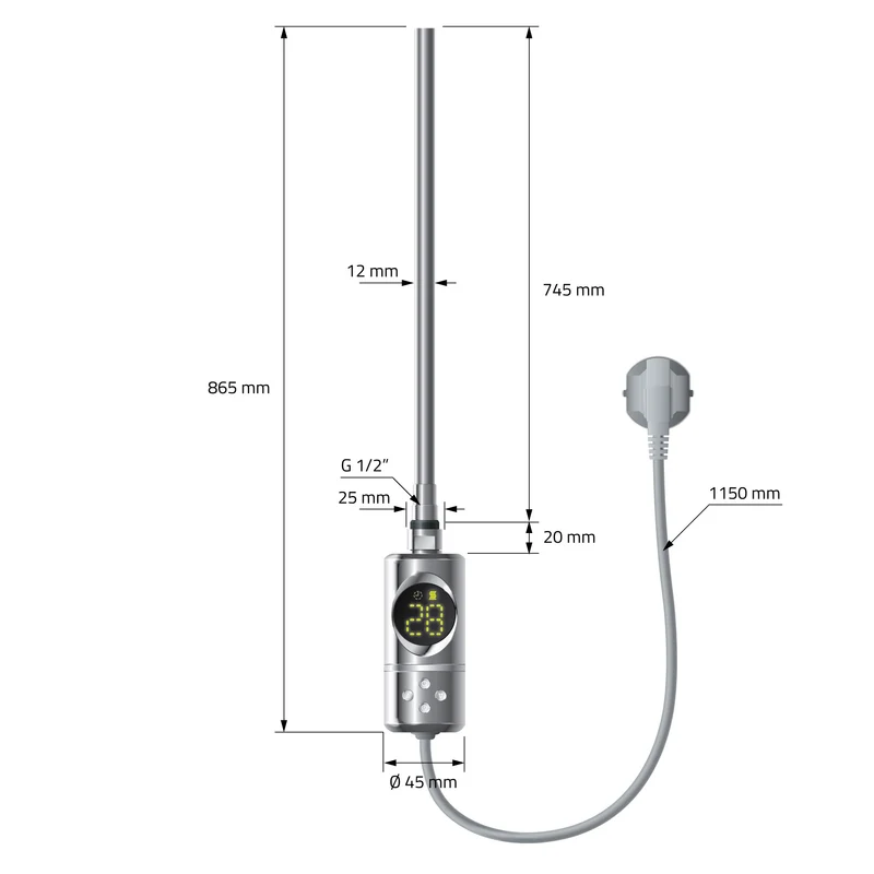 Elektrischer Badheizkörper mit Heizstab 1200W 500x1200 mm Chrome gebogen mit Seitenanschluss LuxeBath