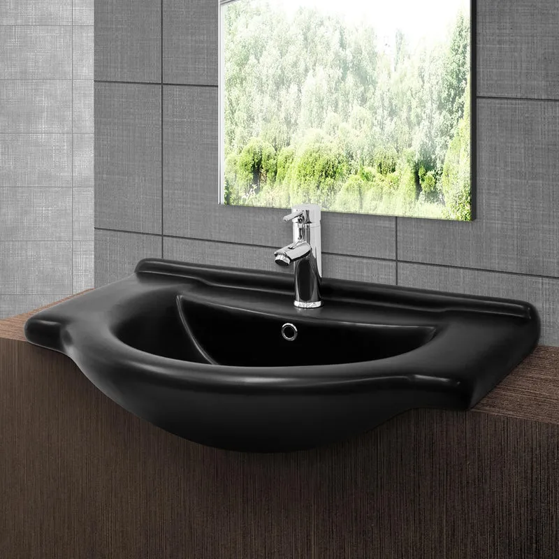 Waschbecken inkl. Ablaufgarnitur Silber mit Überlauf 77x50,5x22,5 cm Schwarz matt aus Keramik ML-Design