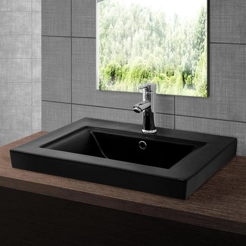 Waschbecken inkl. Ablaufgarnitur mit Überlauf 61x46,5x15,5 cm Schwarz aus Keramik ML-Design