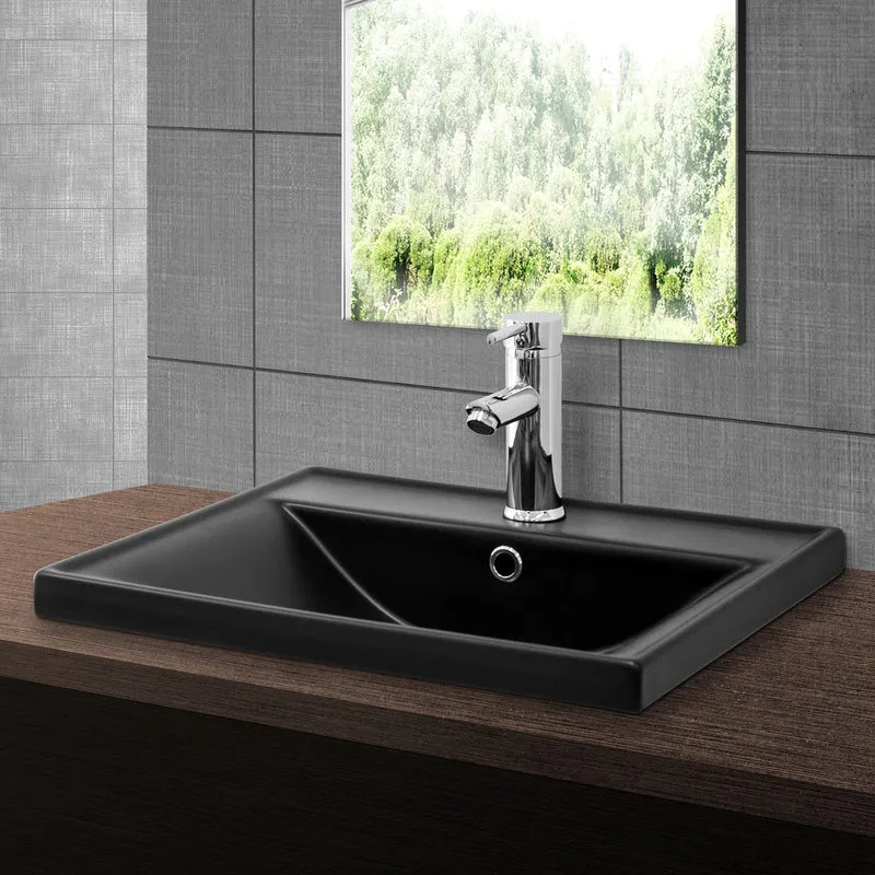 Waschbecken inkl. Ablaufgarnitur Silber mit Überlauf 51x41,5x15,5 cm Schwarz matt aus Keramik ML-Design