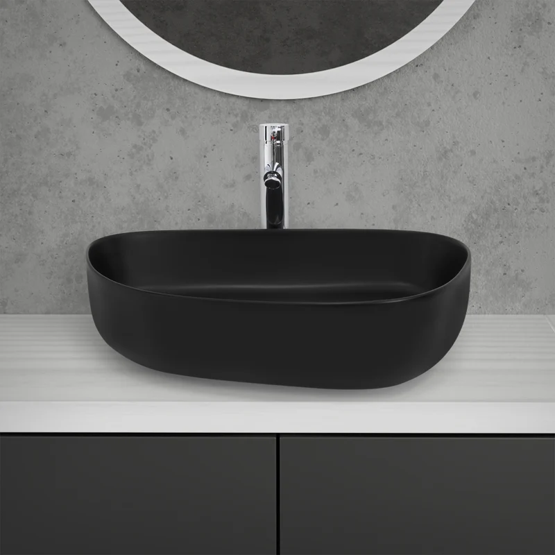 Waschbecken inkl. Ablaufgarnitur Schwarz ohne Überlauf 55x42x14 cm Schwarz aus Keramik ML-Design