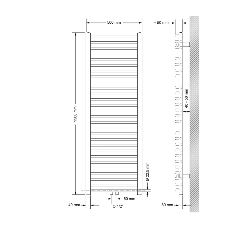 Badheizkörper Mittelanschluss 500x1500 mm Anthrazit gebogen mit Wand Anschlussgarnitur LuxeBath