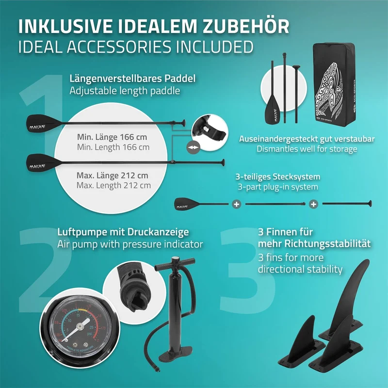 Stand Up Paddle aufblasbares SUP Board Makani XL 380x80x15 cm in Türkis aus PVC inkl. Pumpe und Tragetasche