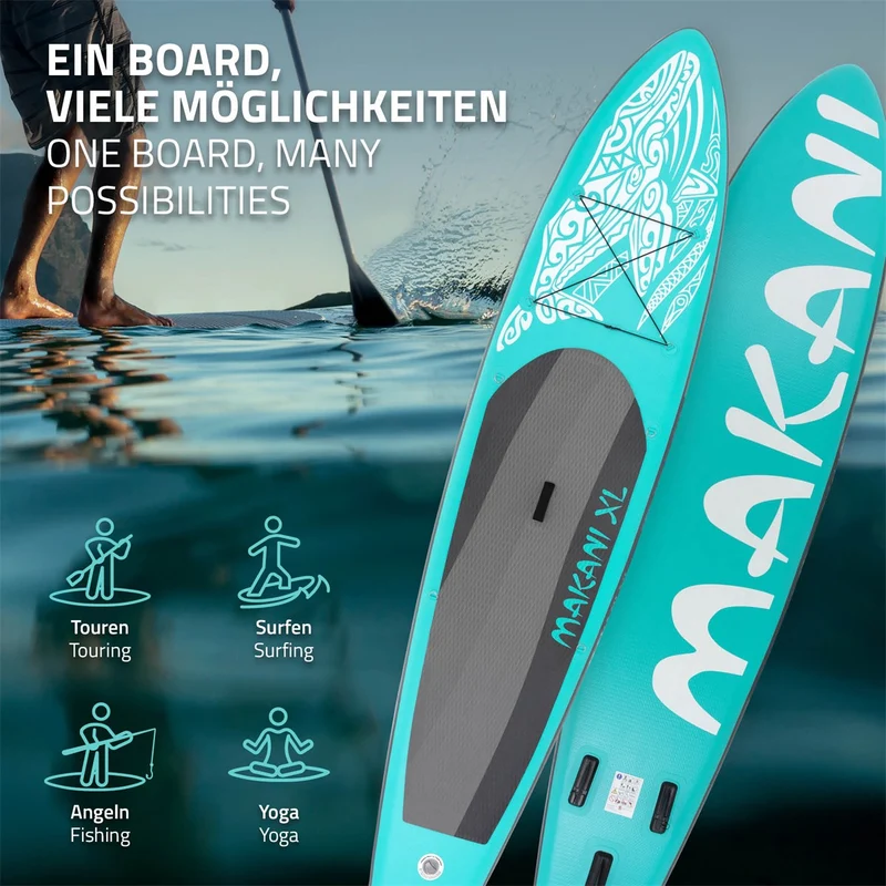 Stand Up Paddle aufblasbares SUP Board Makani XL 380x80x15 cm in Türkis aus PVC inkl. Pumpe und Tragetasche
