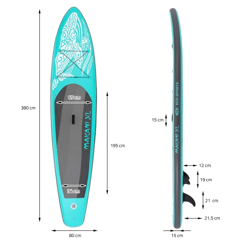 Stand Up Paddle aufblasbares SUP Board Makani XL 380x80x15 cm in Türkis aus PVC inkl. Pumpe und Tragetasche