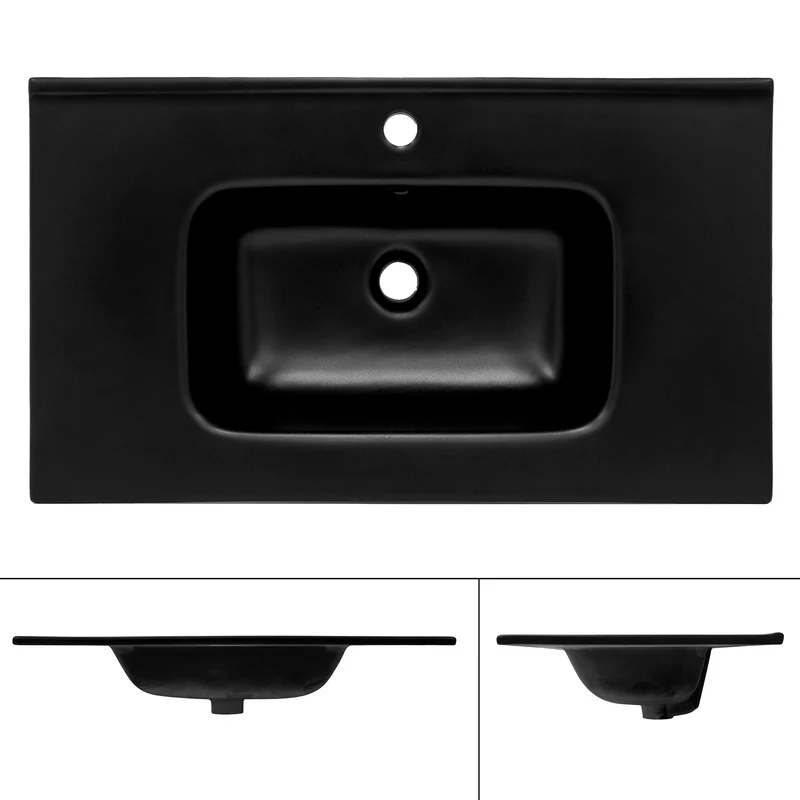 Waschbecken Eckig mit Überlauf 81x16,5x46 cm Schwarz aus Keramik ML-Design
