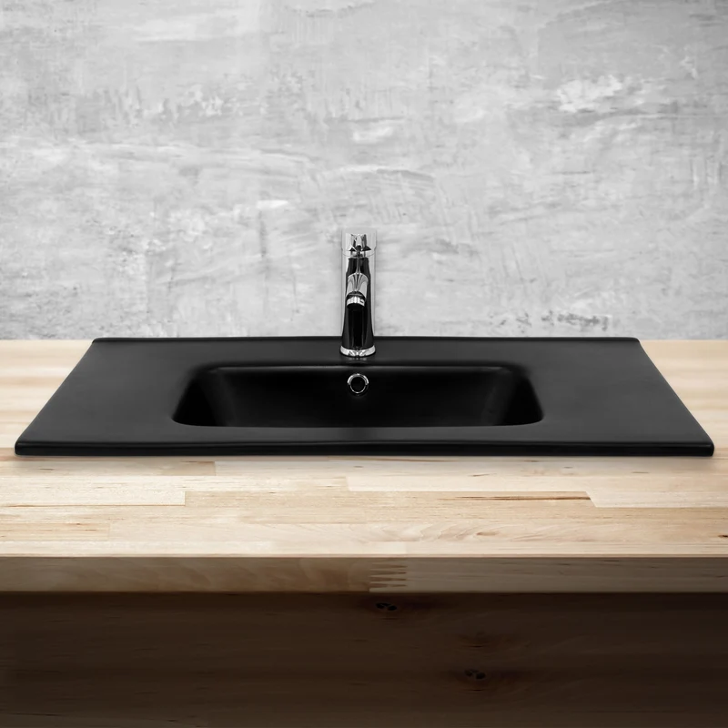 Waschbecken Eckig mit Überlauf 81x16,5x46 cm Schwarz aus Keramik ML-Design