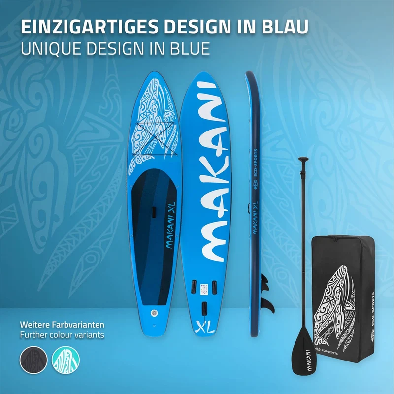 Stand Up Paddle aufblasbares SUP Board Makani XL 380x80x15 cm in Blau aus PVC inkl. Pumpe und Tragetasche