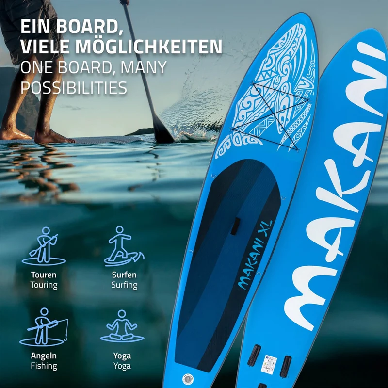 Stand Up Paddle aufblasbares SUP Board Makani XL 380x80x15 cm in Blau aus PVC inkl. Pumpe und Tragetasche
