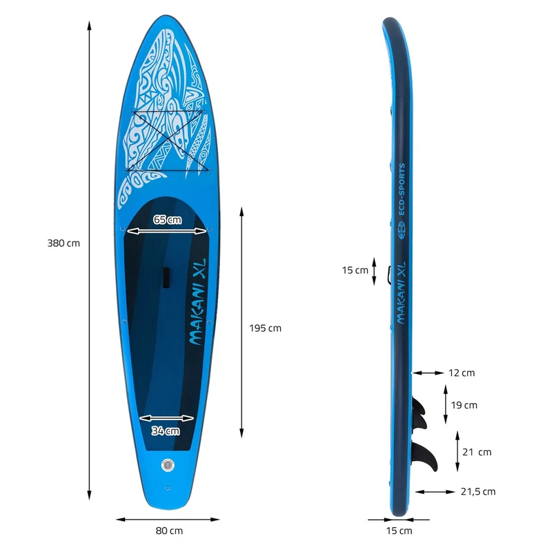 Stand Up Paddle aufblasbares SUP Board Makani XL 380x80x15 cm in Blau aus PVC inkl. Pumpe und Tragetasche