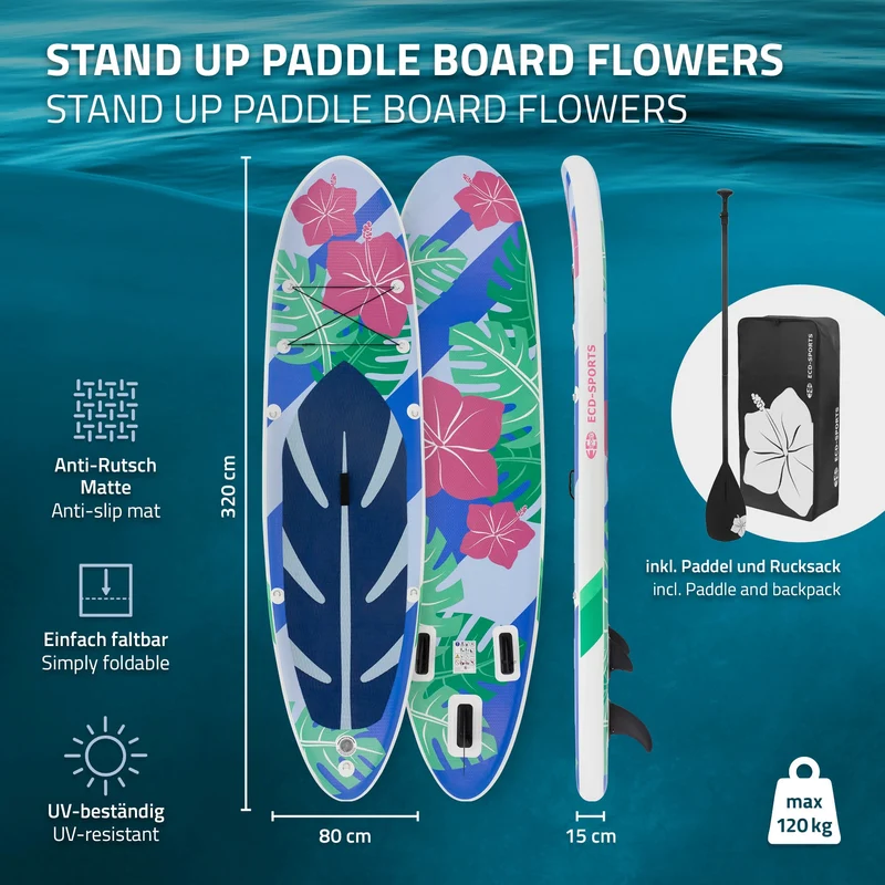Stand Up Paddle aufblasbares SUP Board Flowers 320x80x15 cm in Blau/Weiß aus PVC inkl. Pumpe und Tragetasche