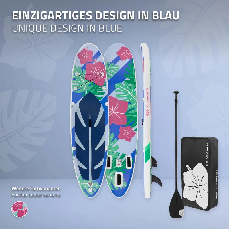 Stand Up Paddle aufblasbares SUP Board Flowers 320x80x15 cm in Blau/Weiß aus PVC inkl. Pumpe und Tragetasche