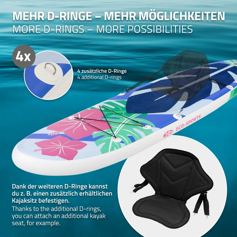 Stand Up Paddle aufblasbares SUP Board Flowers 320x80x15 cm in Blau/Weiß aus PVC inkl. Pumpe und Tragetasche