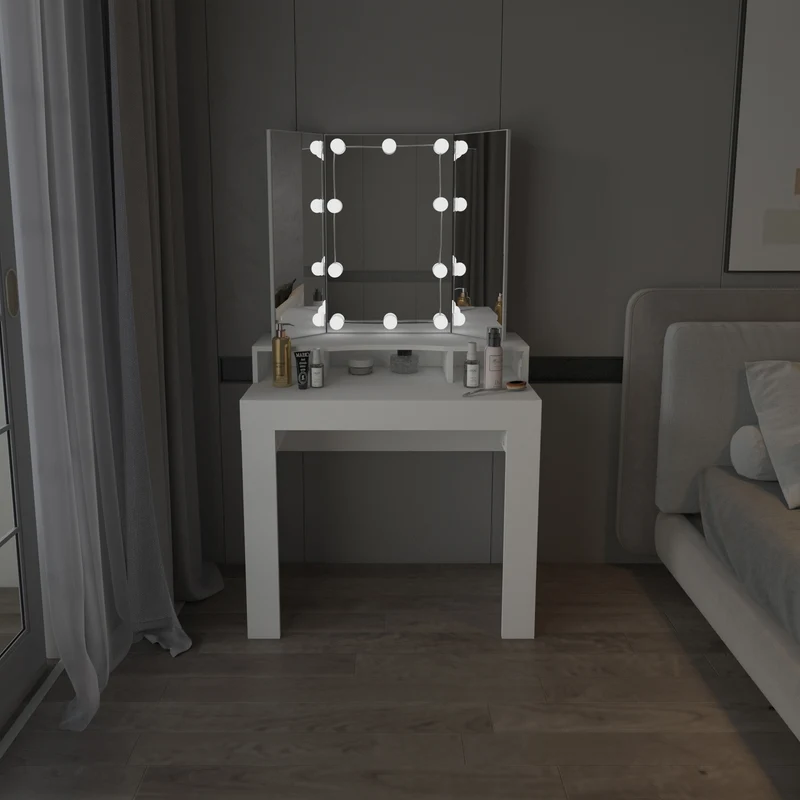 Schminktisch Frisiertisch 89,5x155x43,5 cm in Weiß mit LED Beleuchtung 3-tlg, Spiegel, Schublade & 3 Fächer ML-Design