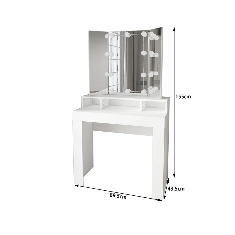 Schminktisch Frisiertisch 89,5x155x43,5 cm in Weiß mit LED Beleuchtung 3-tlg, Spiegel, Schublade & 3 Fächer ML-Design