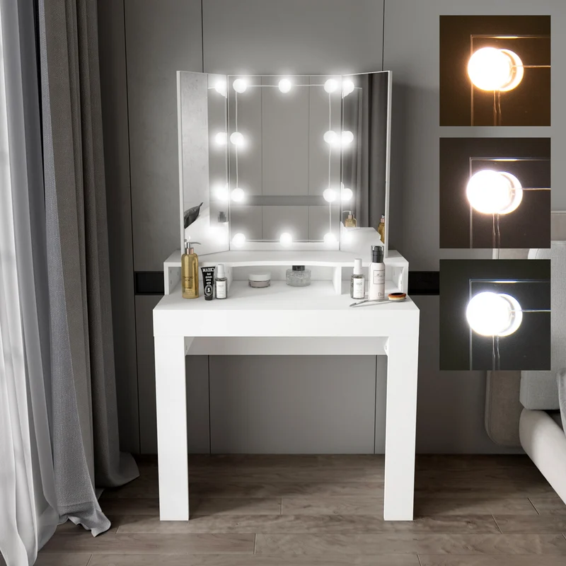 Schminktisch Frisiertisch 89,5x155x43,5 cm in Weiß mit LED Beleuchtung 3-tlg, Spiegel, Schublade & 3 Fächer ML-Design