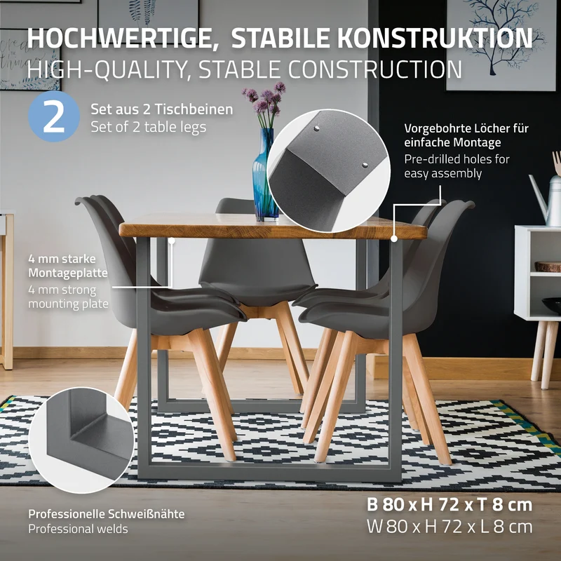 B-Ware Tischbeine Tischgestell 2er Set U-Design 80x72 cm Grau aus Stahl ML-Design