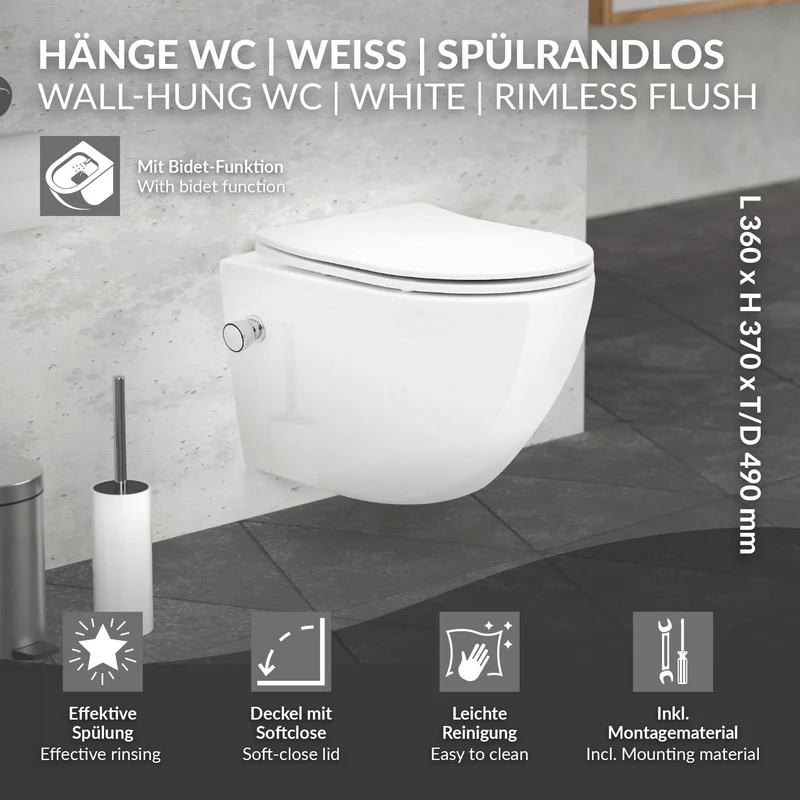 B-Ware Spülrandloses Wand Hänge WC, 370 x 390 x 490 mm, aus Keramik, mit Bidet-Funktion LuxeBath