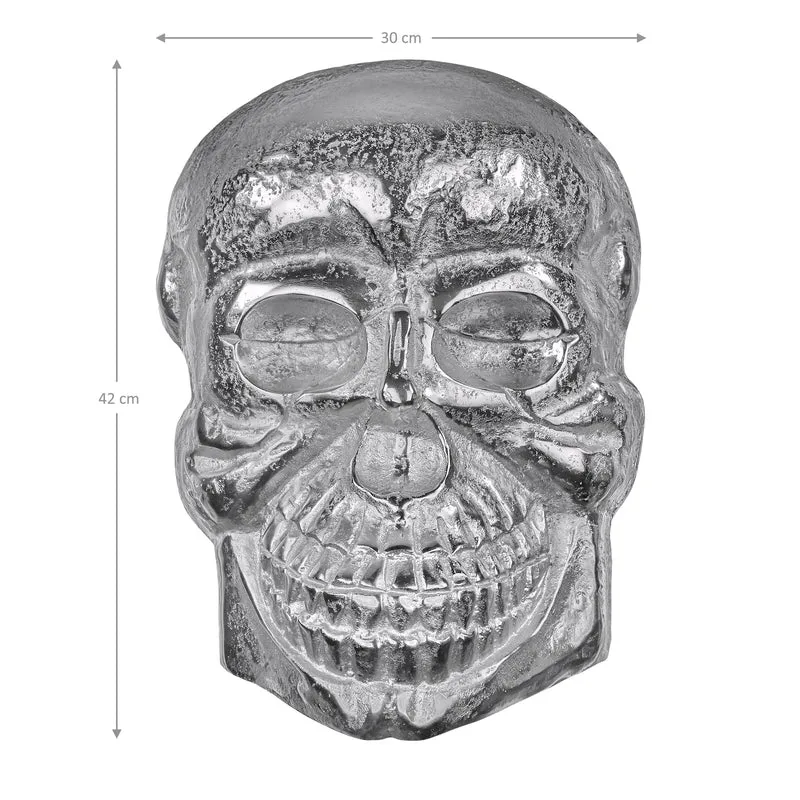 Deko Skull Totenkopf Wandskulptur Silber 42x30 cm mit Nickel Finish aus Aluminium WOMO-Design