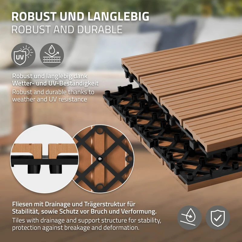 WPC Terrassenfliesen 30x30 cm 33er Set für 3m² Hellbraun in Holzoptik Balkon Bodenbelag mit Drainage und Klicksystem Terrassendielen Balkonfliesen