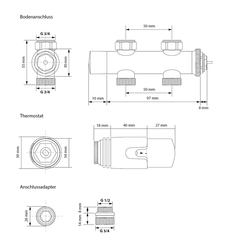 Badheizkörper 480x1600 mm Anthrazit mit Boden Anschlussgarnitur