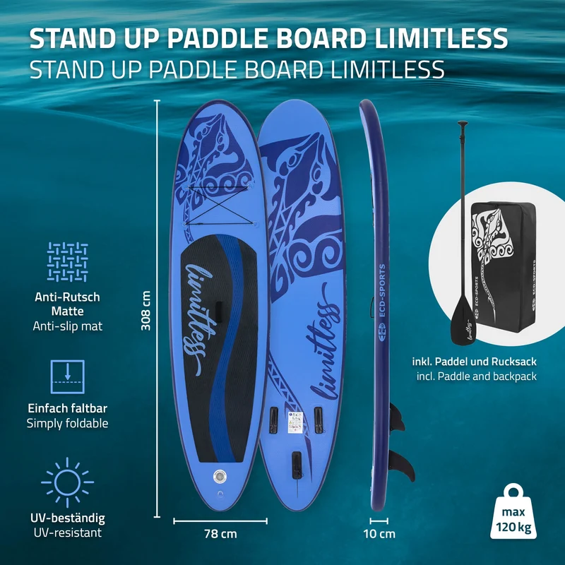Stand Up Paddle aufblasbares SUP Board Limitless 308x76x10 in Blau aus PVC inkl. Pumpe und Tragetasche