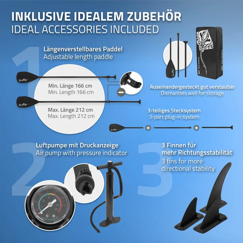 Stand Up Paddle aufblasbares SUP Board Limitless 308x76x10 in Blau aus PVC inkl. Pumpe und Tragetasche