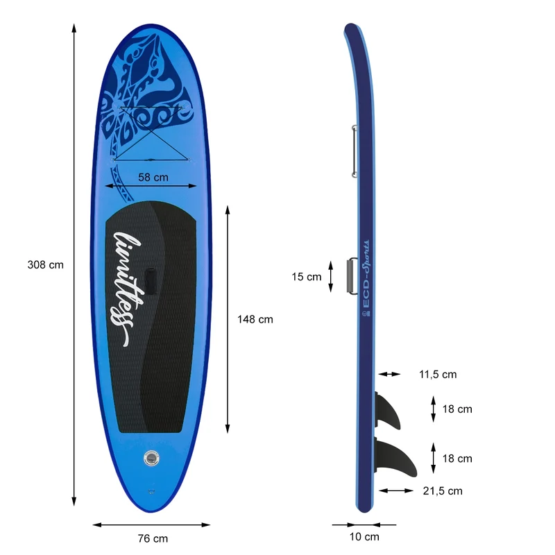 Stand Up Paddle aufblasbares SUP Board Limitless 308x76x10 in Blau aus PVC inkl. Pumpe und Tragetasche