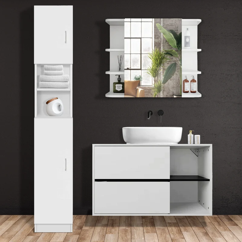 Badmöbel Set 3-Teilig modernen Stil Weiß aus Holz ML-Design