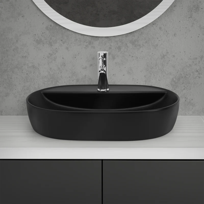 Waschbecken inkl. Ablaufgarnitur ohne Überlauf 60x40x12 cm Schwarz aus Keramik ML-Design