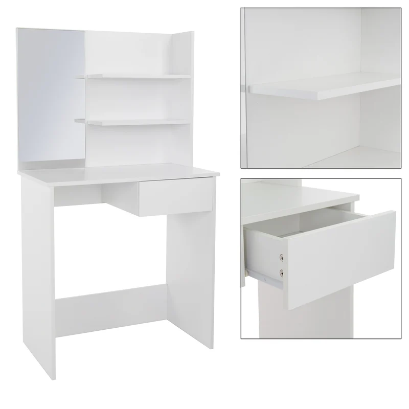 Schminktisch Frisiertisch 75x40x135 cm in Weiß mit Spiegel, Schublade & 3 Ablagen ML-Design