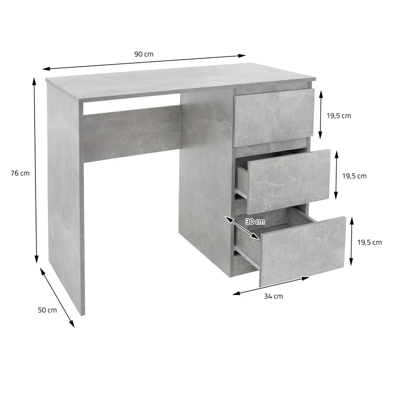 Schreibtisch mit drei Schubladen 90x76x50 cm Grau aus Holz ML-Design