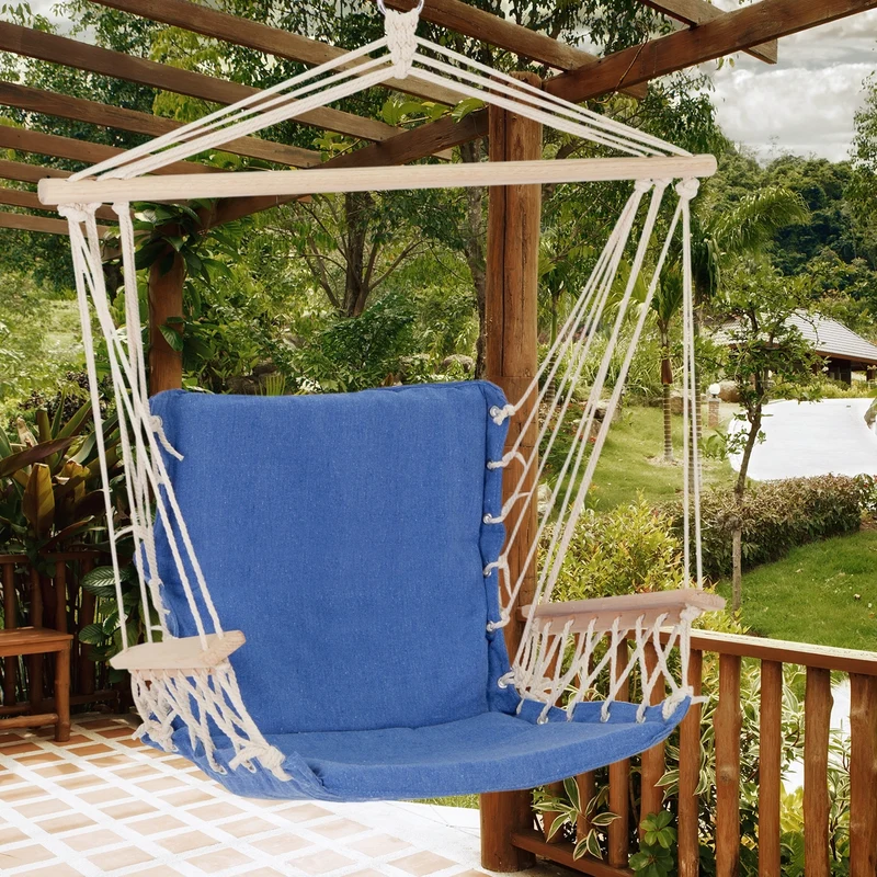 Hängesessel mit Gestell 45x100x46 cm Blau aus Baumwolle und Hartholz