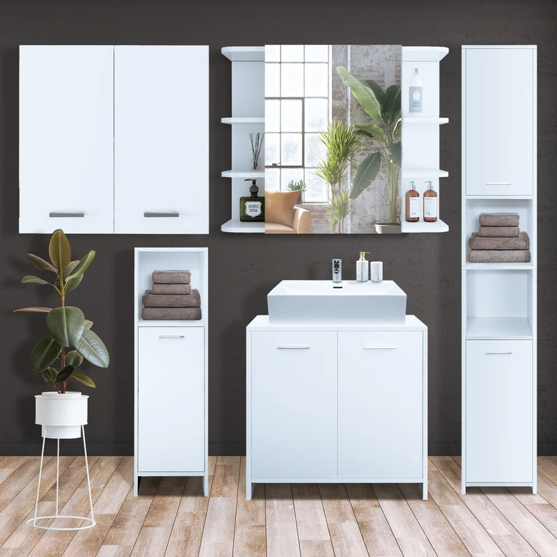 Badmöbel Badezimmermöbel Set 5-Teilig Spiegelschrank Hochschrank Unterschrank Midischrank Hängeschrank in Weiß ML-Design