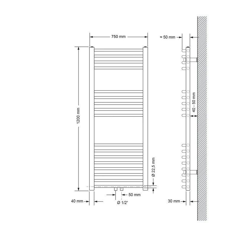 Badheizkörper 750x1200 mm Anthrazit, gebogen, Universale Anschlussgarnitur
