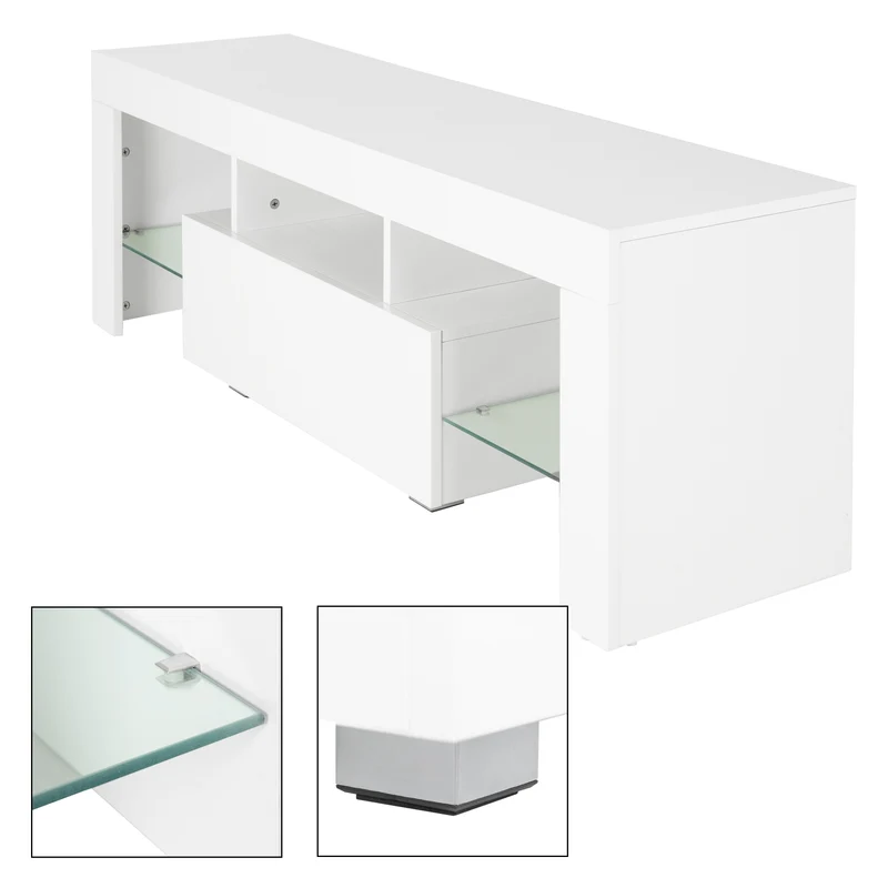 B-Ware TV Lowboard mit LED-Beleuchtung 130x49x45 cm Weiß inkl. Glasregal ML-Design
