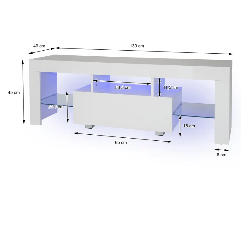 B-Ware TV Lowboard mit LED-Beleuchtung 130x49x45 cm Weiß inkl. Glasregal ML-Design