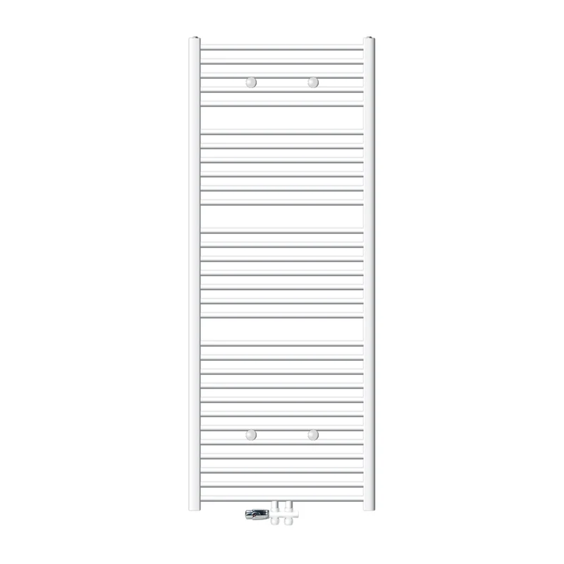 Badheizkörper Sahara 750x1800 mm Weiß gebogen mit Mittelanschluss und Boden Anschlussgarnitur LuxeBath