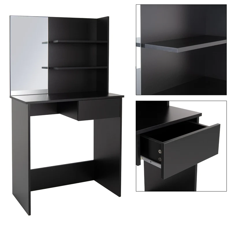 Schminktisch Frisiertisch 75x40x135 cm in Schwarz mit Spiegel, Schublade & 3 Ablagen ML-Design