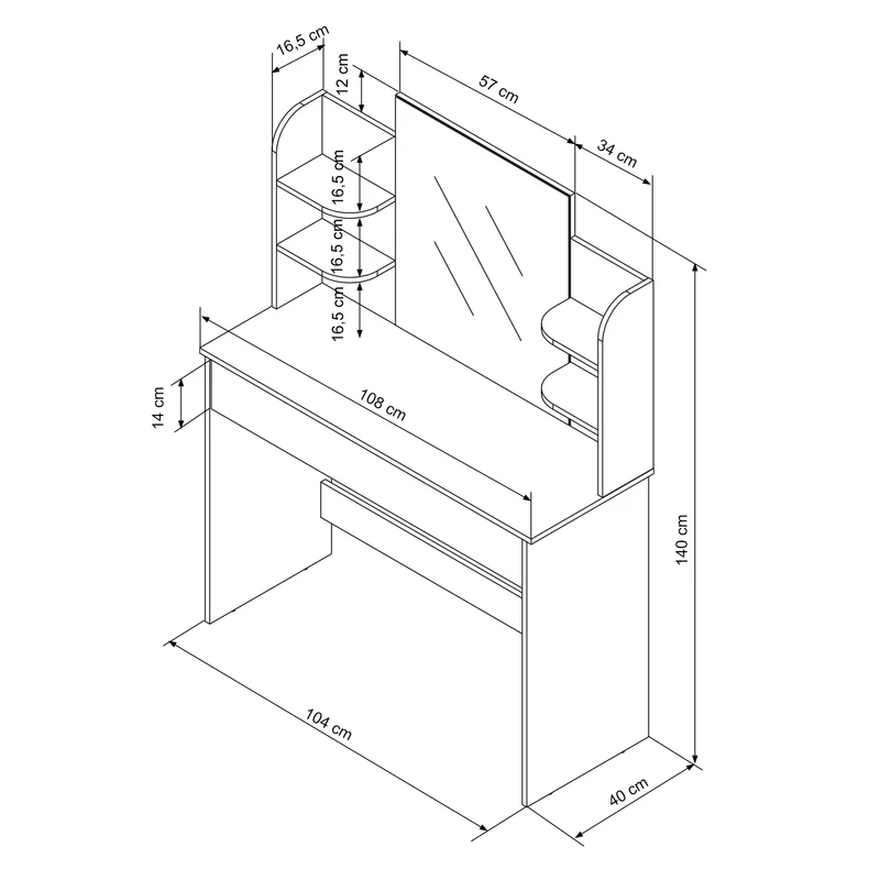Schminktisch Frisiertisch 108x40x140 cm in Weiß mit Spiegel, Schublade und 6 Ablagen ML-Design