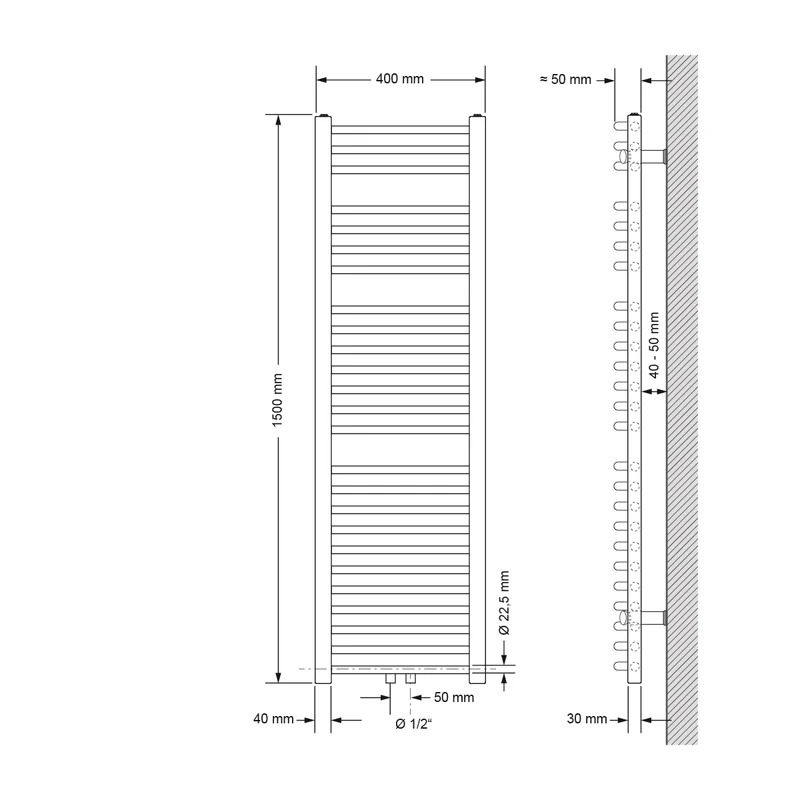 Badheizkörper Mittelanschluss 400x1500 mm Chrome gebogen mit Boden Anschlussgarnitur LuxeBath