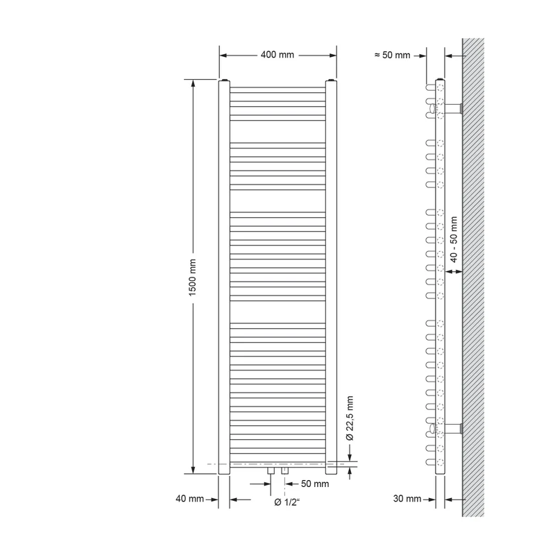 Badheizkörper Mittelanschluss 400x1500 mm Weiß gebogen inkl. Montagematerial LuxeBath