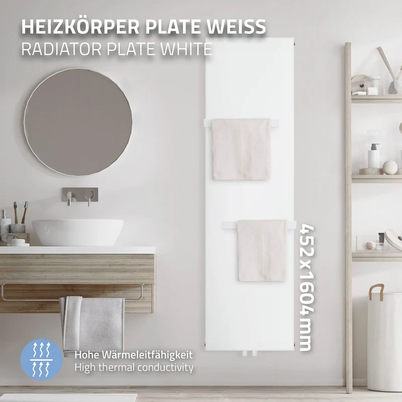 Badheizkörper 1600x452 mm Weiß mit Mittelanschluss inkl. 2x Handuchhalter ML-Design